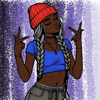 realistic teenage girl with braids and a beanie and crop top doing 🫶🏼