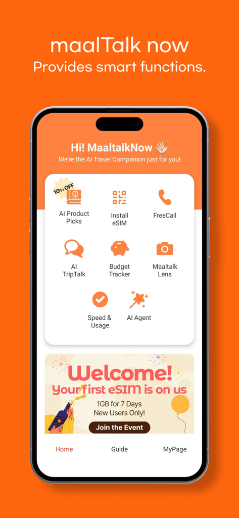 MaaltalkNow: AI Travel, eSIM - MaaltalkNow mobile app home screen showing AI travel assistant and eSIM installation features