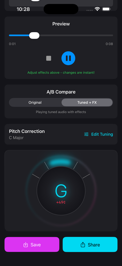 A/B 비교 및 보컬 튜닝 미리 보기가 포함된 음정 보정 인터페이스를 보여주는 VocalTune 앱 스크린샷