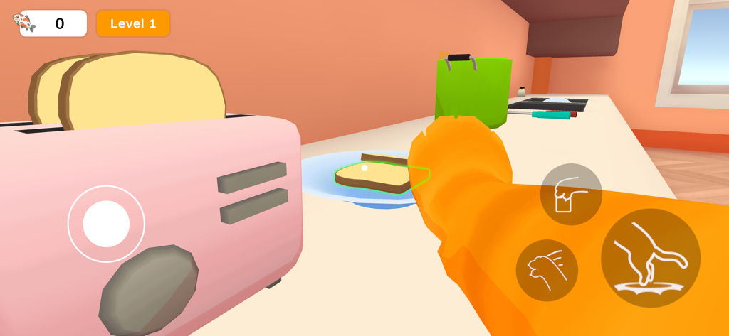 Cat Life Simulator: Devil Cat - First person view of an orange cat paw in a kitchen next to a toaster