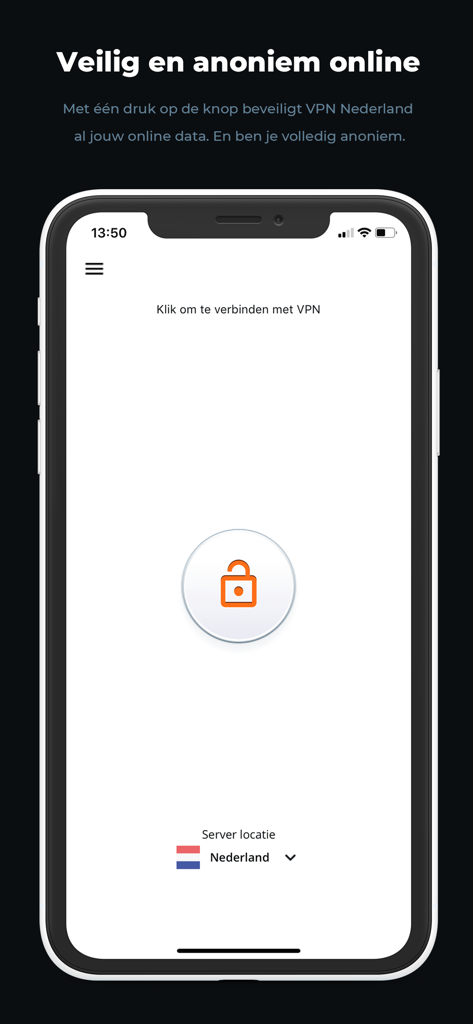 ワンタップ接続ボタンとオランダのサーバーロケーションが表示されたVPN Nederlandモバイルアプリインターフェース