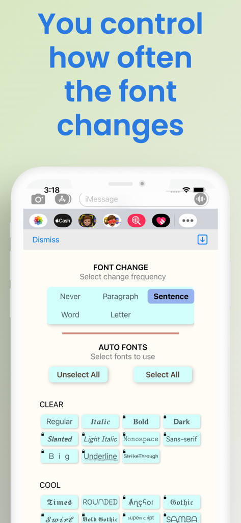 Auto Fonts Keyboard - facemoji - Interface do aplicativo Auto Fonts Keyboard mostrando configurações para controlar a frequência de troca de fontes e uma seleção de estilos de fonte disponíveis.