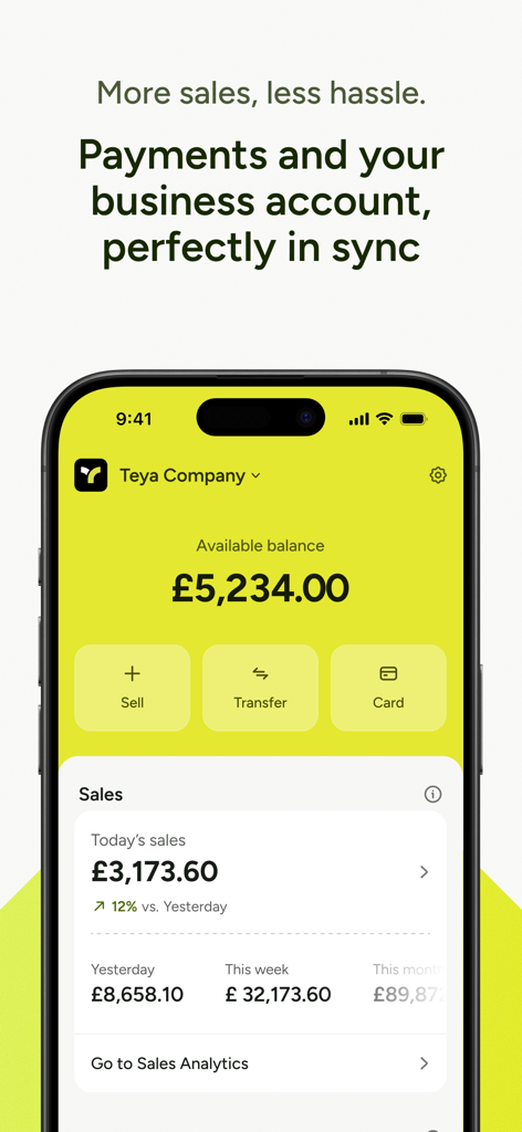 Teya mobile app dashboard displaying available business balance and daily sales analytics