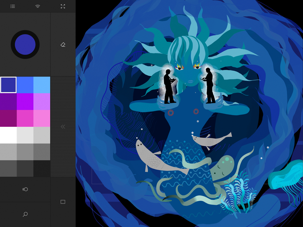 Arte digital de una diosa submarina y vida marina creado en la interfaz de la aplicación Tagtool SE