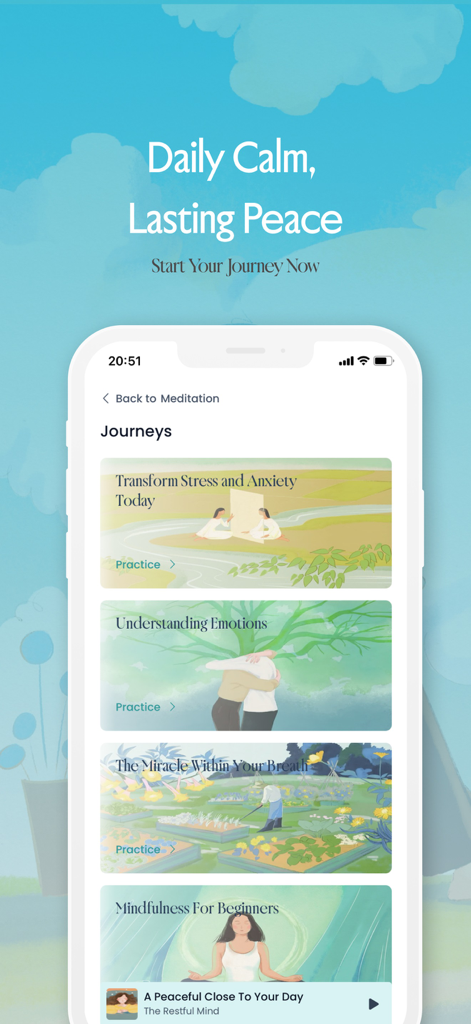 The Restful Mind app interface displaying various meditation journeys for stress relief and emotional balance