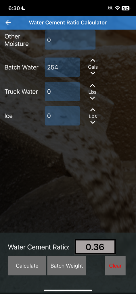 Water Cement Ratio And More - Water Cement Ratio calculator mobile app screen showing input fields for moisture, batch water, truck water, and ice with calculation result