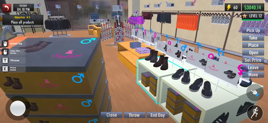 Clothing Store 3D Simulator - Interior view of a virtual boutique in Clothing Store 3D Simulator showing shoe displays and management UI