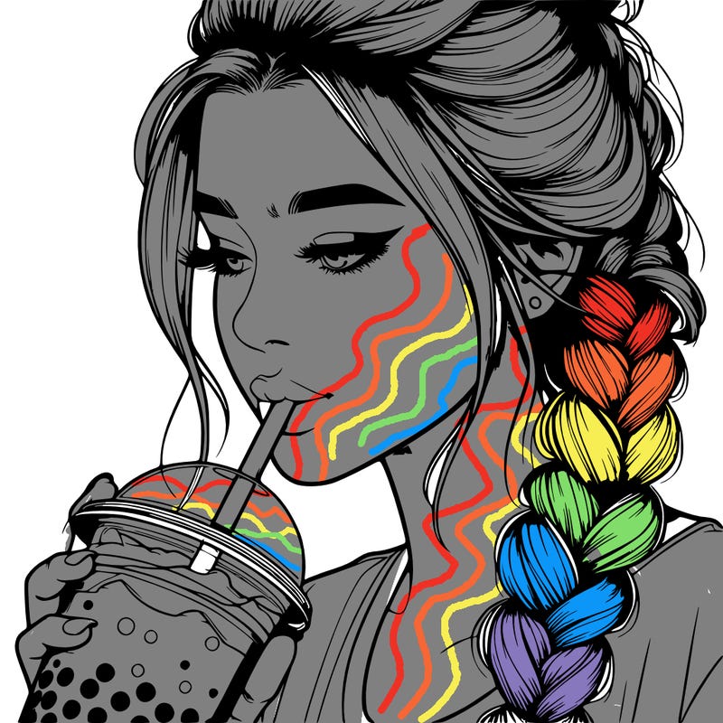 realistic girl drinking boba tea with braided hair