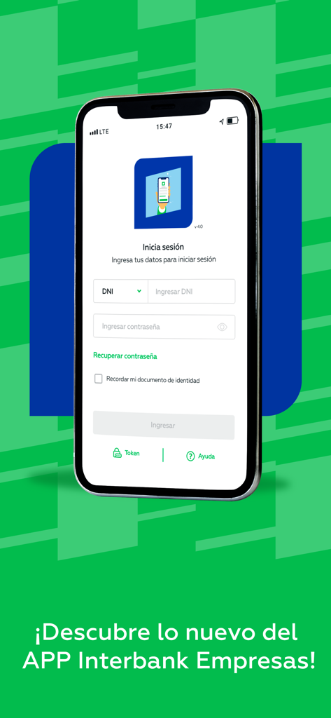 Interbank Empresas - Pantalla de inicio de sesión de la aplicación de banca de negocios Interbank Empresas en un smartphone.