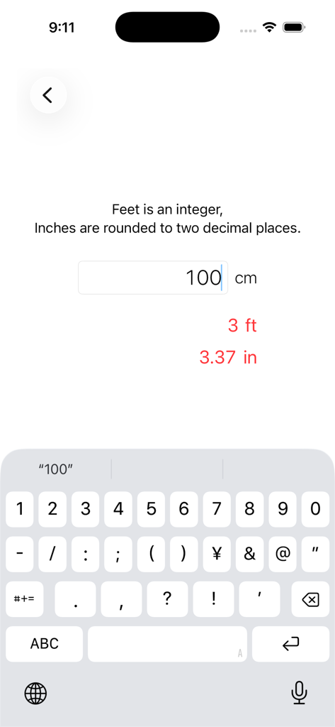 Pantalla de aplicación móvil que convierte 100 centímetros a 3 pies y 3.37 pulgadas.