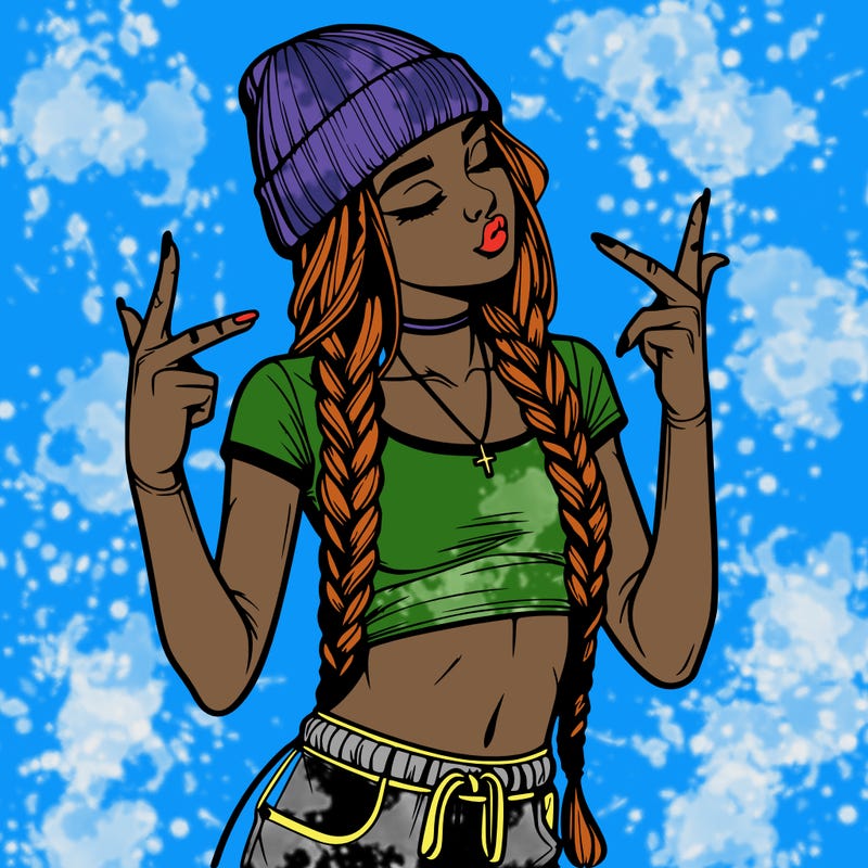 realistic teenage girl with braids and a beanie and crop top doing 🫶🏼