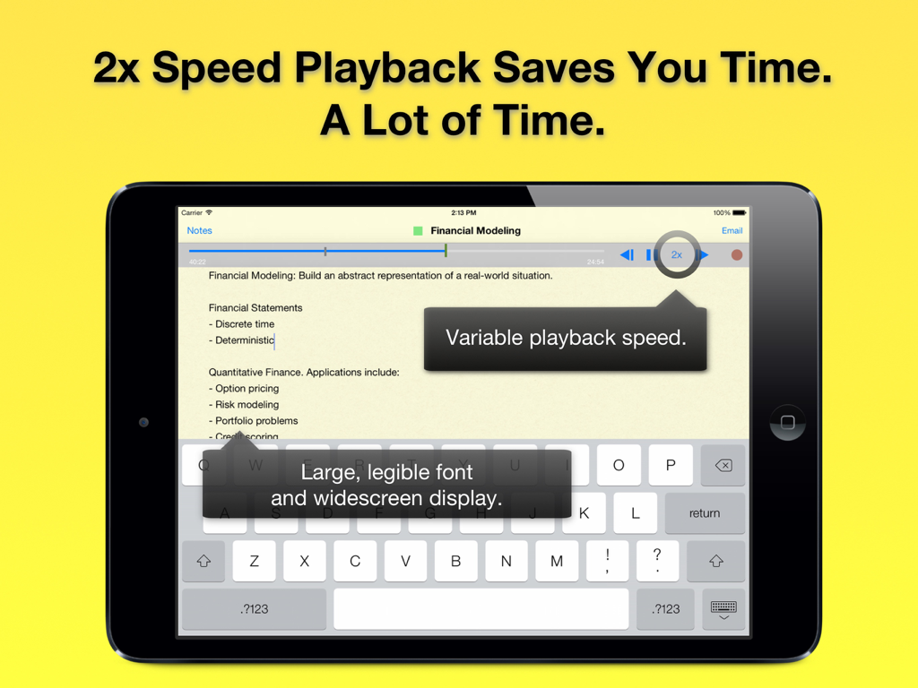 Audio Notebook: Voice Recorder - iPad screenshot showing Audio Notebook app with variable playback speed and widescreen note editor.