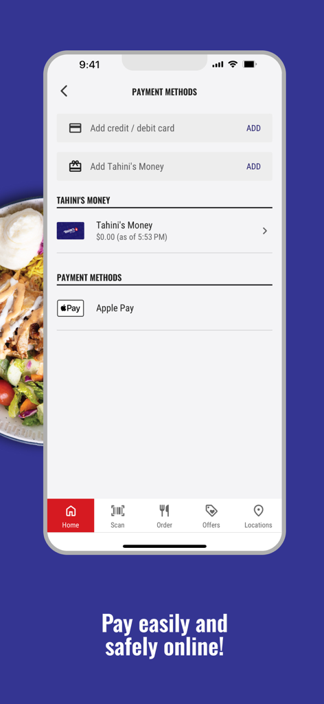 Tahini's Restaurants - Tahinis Restaurants app screen showing various online payment methods including credit cards and Apple Pay.