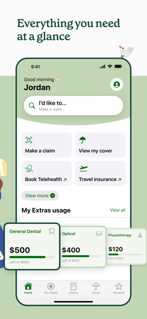 Interface of the nib health app showing a dashboard with claims extras usage and health services links