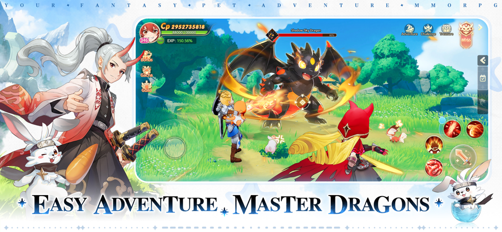 Anime characters battling a black dragon in a vibrant fantasy landscape