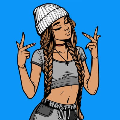 realistic teenage girl with braids and a beanie and crop top doing 🫶🏼