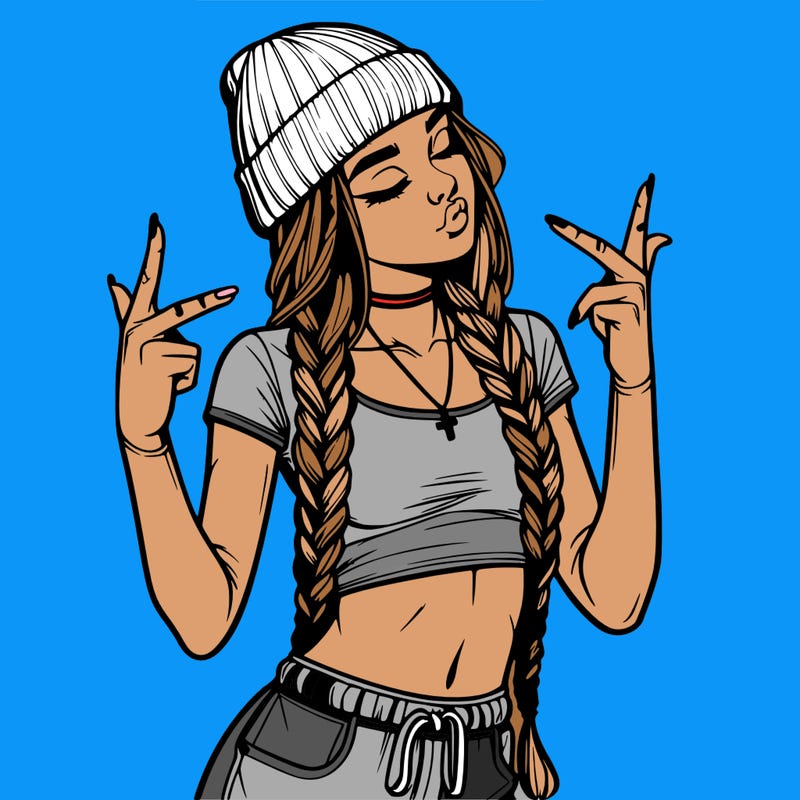 realistic teenage girl with braids and a beanie and crop top doing 🫶🏼