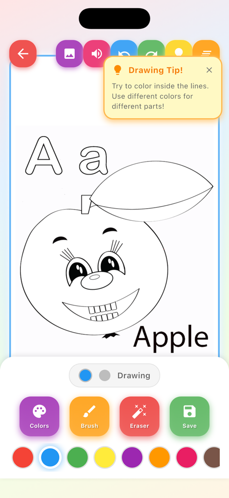 Kids Color Book Draw & Learn - Educational coloring interface showing an apple character for the letter A with various drawing tools and colors