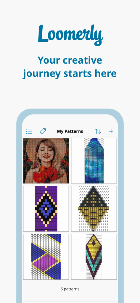 Loomerly app gallery showing various seed bead pattern designs for loom and peyote stitching