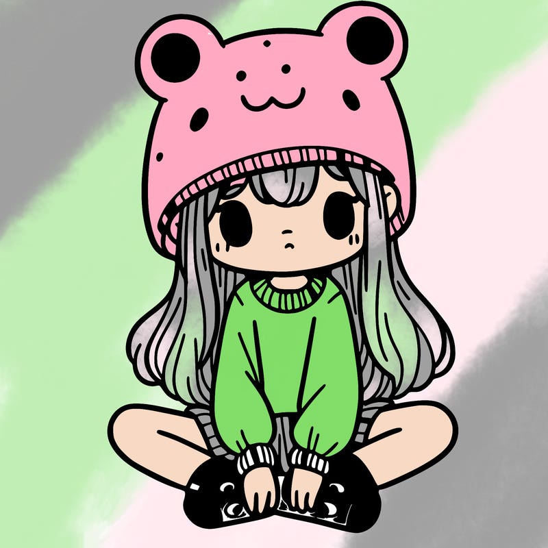 a girl wearing a frog hat and some frog socks