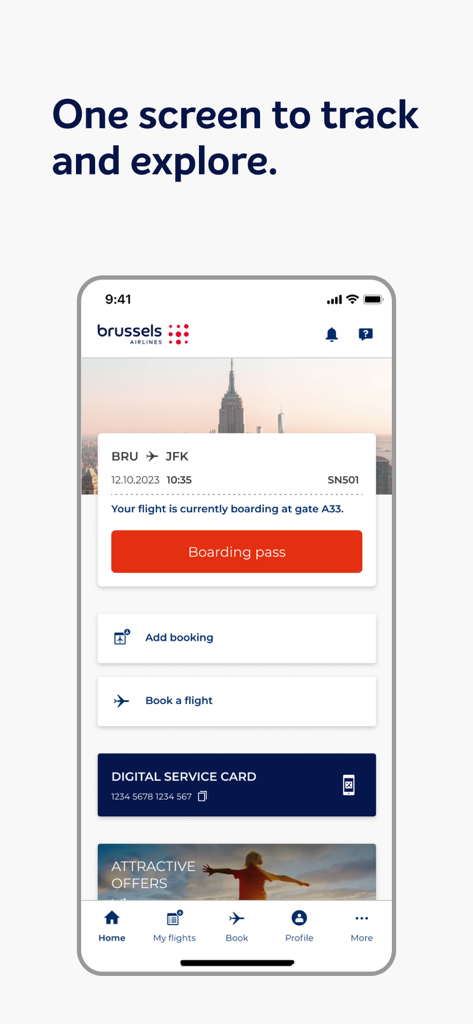 Brussels Airlines app interface showing flight tracking from Brussels to New York with a digital boarding pass button