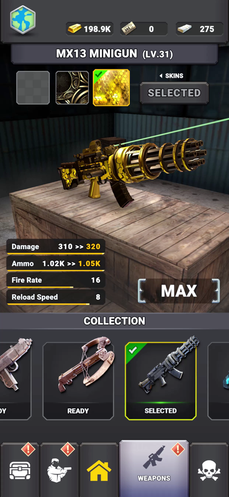 Last Survivor - Zombie Shooter - Weapon customization screen in Last Survivor Zombie Shooter showing a gold MX13 Minigun with damage and ammo statistics