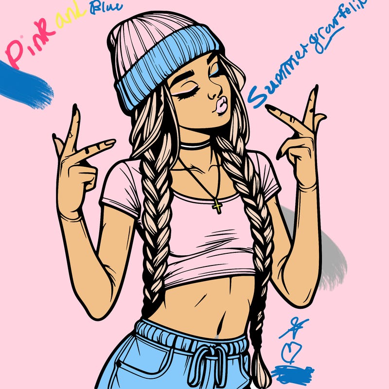 realistic teenage girl with braids and a beanie and crop top doing 🫶🏼