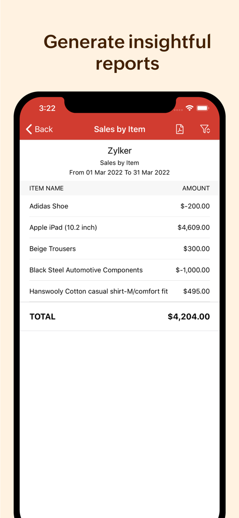 Zoho Inventory app displaying a sales by item report on an iPhone screen.