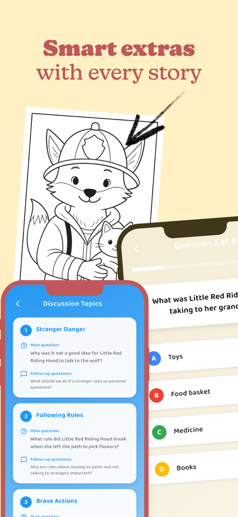Super Stories: Smart Tales - Funciones educativas que incluyen páginas para colorear, cuestionarios de historias y temas de discusión para niños.