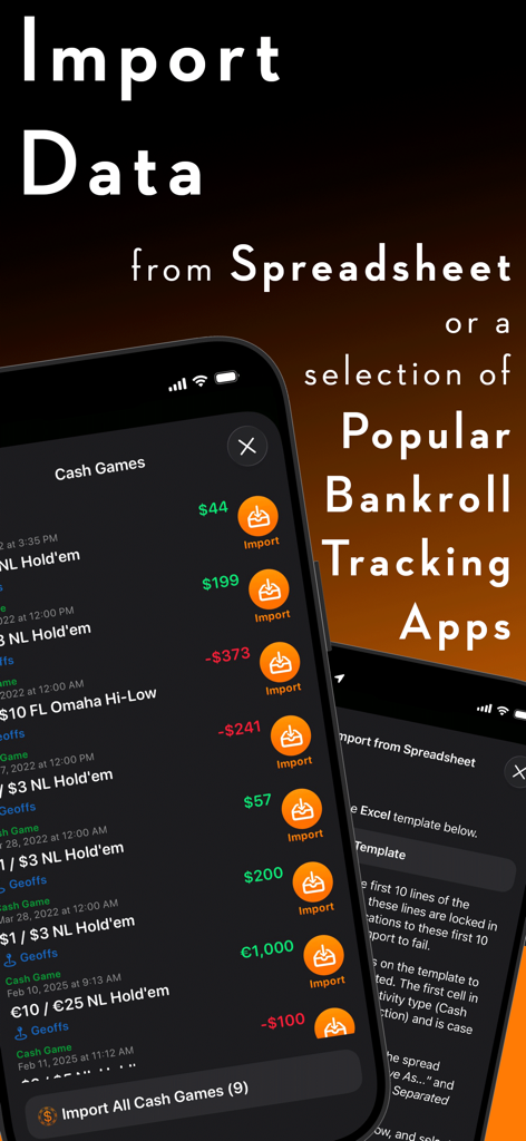 Nash Bankroll - モバイルアプリの画面。スプレッドシートや他のバンクロール追跡アプリからポーカーセッションデータをインポートするオプションが表示されています。