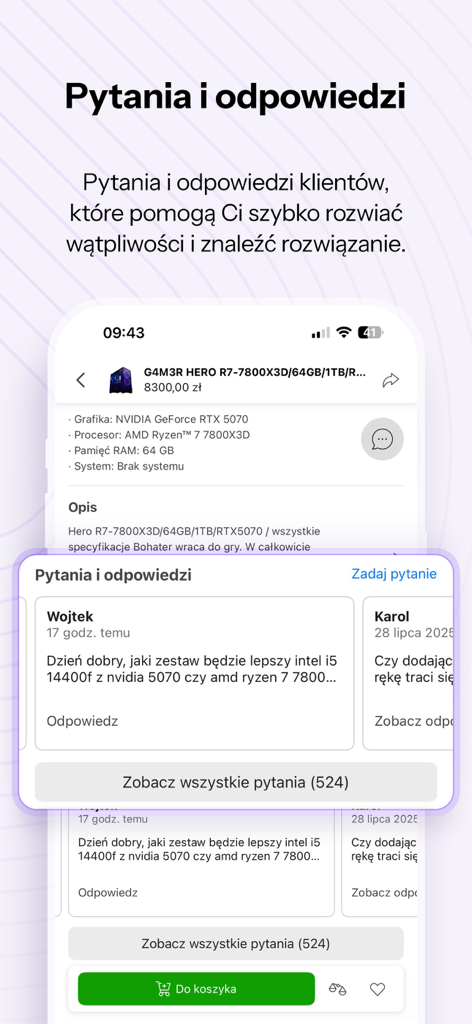x-kom - inteligentny wybór - Écran de l'application X-kom affichant la section questions et réponses des clients pour un PC de jeu avec les demandes des utilisateurs et les conseils d'experts.