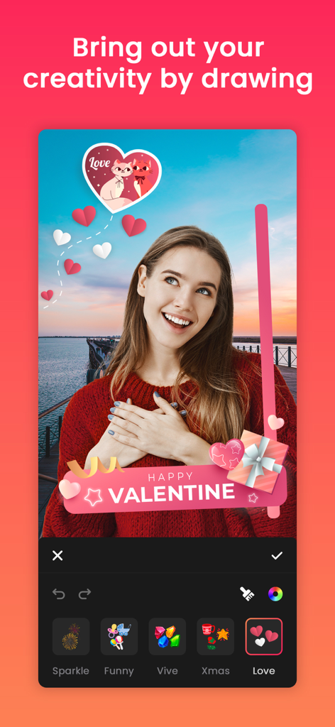 Quick Edit: Video，Photo Editor - A woman using the Quick Edit app to add Valentine themed stickers and drawings to a photo