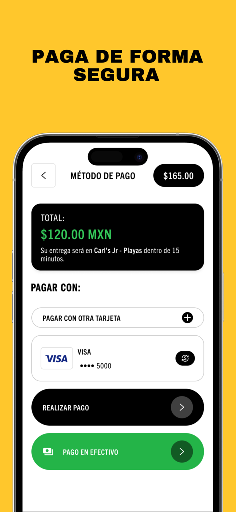 Carl's Jr. México - Tela de pagamento seguro no aplicativo Carl's Jr. México mostrando opções de pagamento com cartão de crédito e dinheiro.