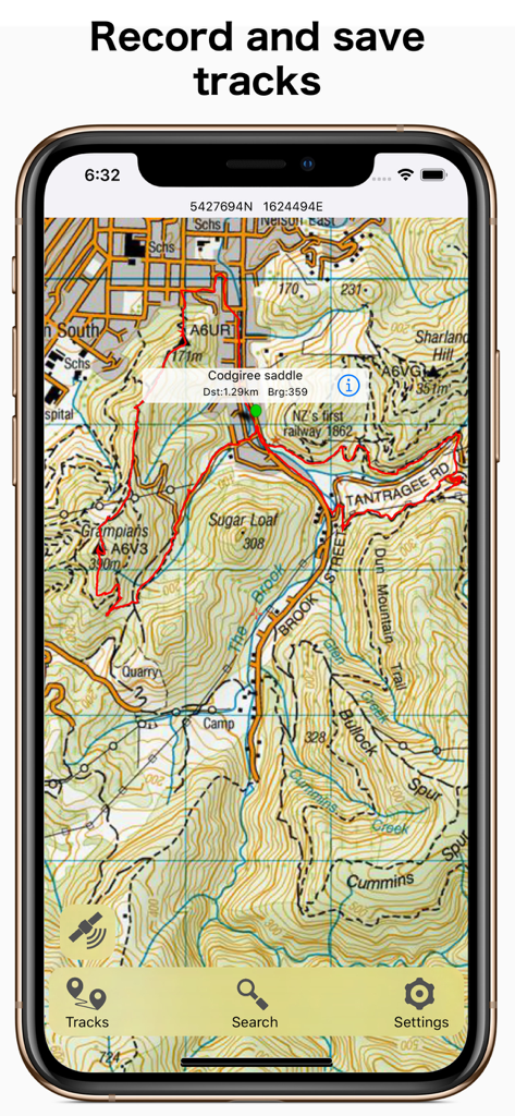 A topographic map on a mobile phone showing a recorded hiking track in the New Zealand backcountry
