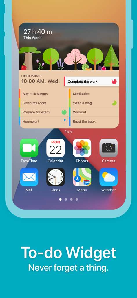 Flora app to-do widget on an iPhone home screen showing tasks and progress trees