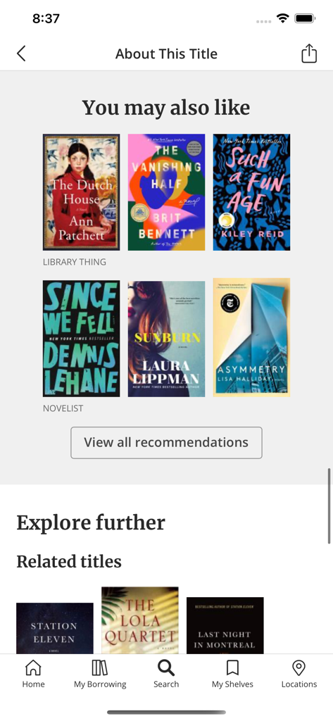 Edmonton Public Library - Edmonton Public Library app screen showing book recommendations and related titles under About This Title