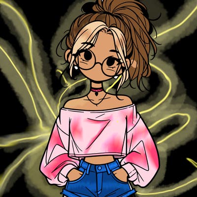 girl with a messy ponytail glasses a baggy crop top and jean shorts