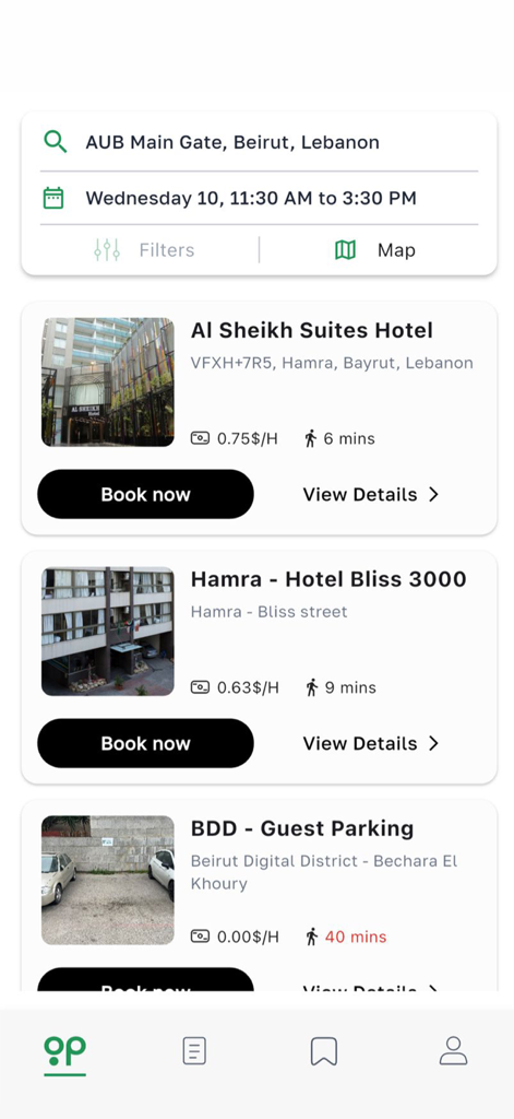 Gopark App - Gopark app interface listing available parking spots with prices and book now buttons