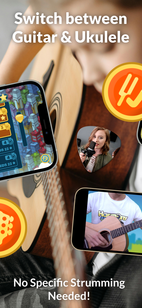 Harmony City: Guitar & Ukulele - Un niño practicando guitarra con la aplicación Harmony City mostrando tutoriales en video y la opción de cambiar entre guitarra y ukelele.