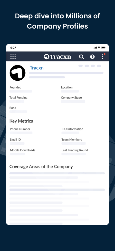 Tela do aplicativo Tracxn mostrando um perfil de empresa detalhado com métricas chave e informações de financiamento