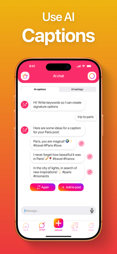 Repost for Instagram + - AI chat interface within the Repost for Instagram plus app generating creative captions and hashtags for social media posts