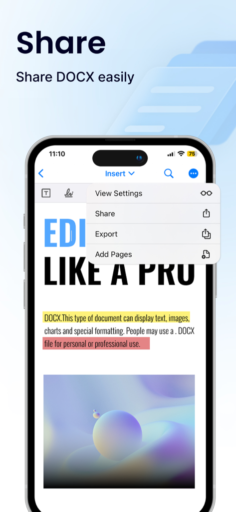 Mobile Bildschirmansicht mit den Optionen zum Teilen und Exportieren eines DOCX-Dokuments innerhalb der Office Word App-Oberfläche