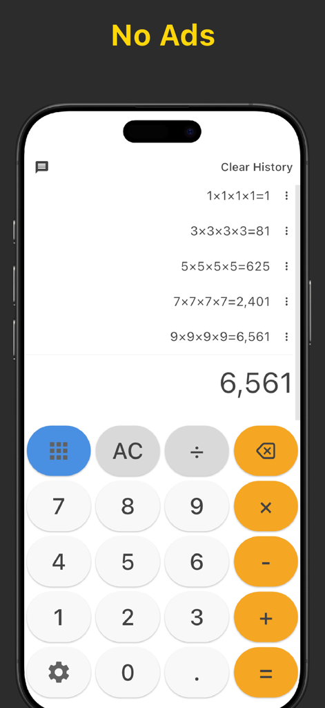 Calculator-EasyCalc,Real voice - Calculator interface showing calculation history and ad-free text