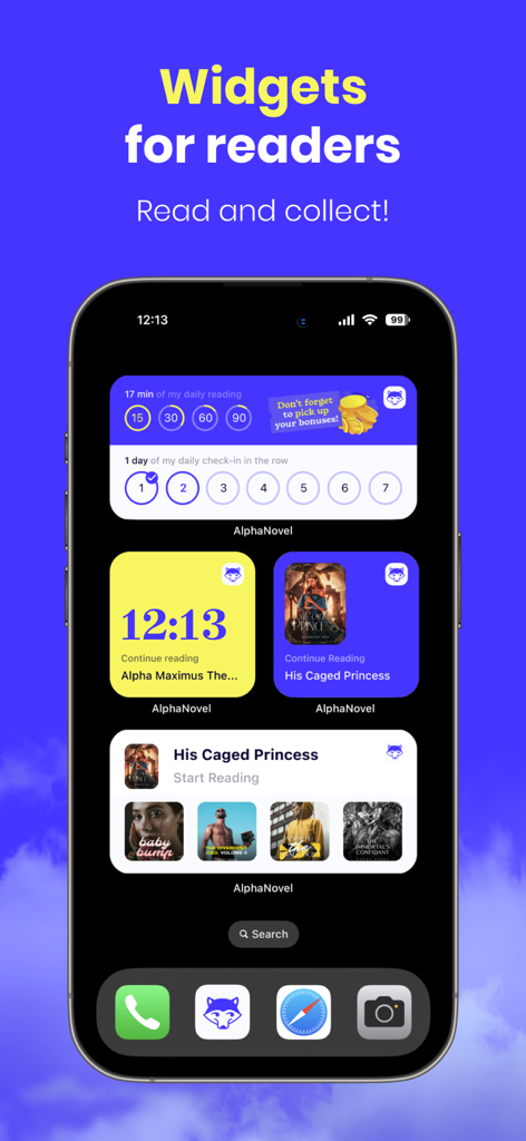 An iPhone home screen featuring various AlphaNovel app widgets for tracking daily reading progress and book recommendations