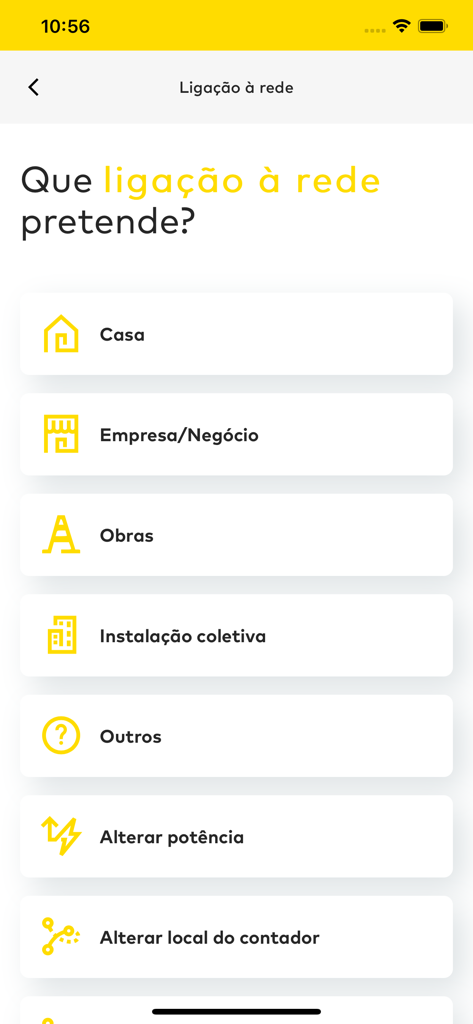 E-REDES Digital - E-REDES Digital app screen showing electricity grid connection options for residential and business properties