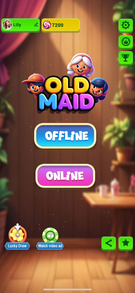 Old Maid: Fun Card Game! - Home screen of Old Maid card game with offline and online buttons