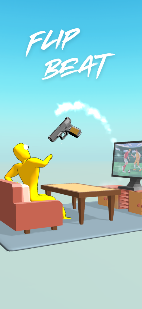 Flip Beat: Ragdoll Shooter - A yellow ragdoll character sitting on a sofa in a living room with a gun flipping in the air from the game Flip Beat.