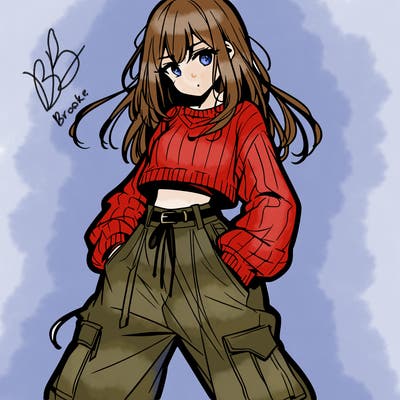 anime teen girl with baggy pants and crop top with sweater