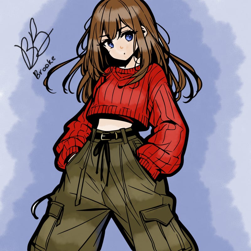 anime teen girl with baggy pants and crop top with sweater