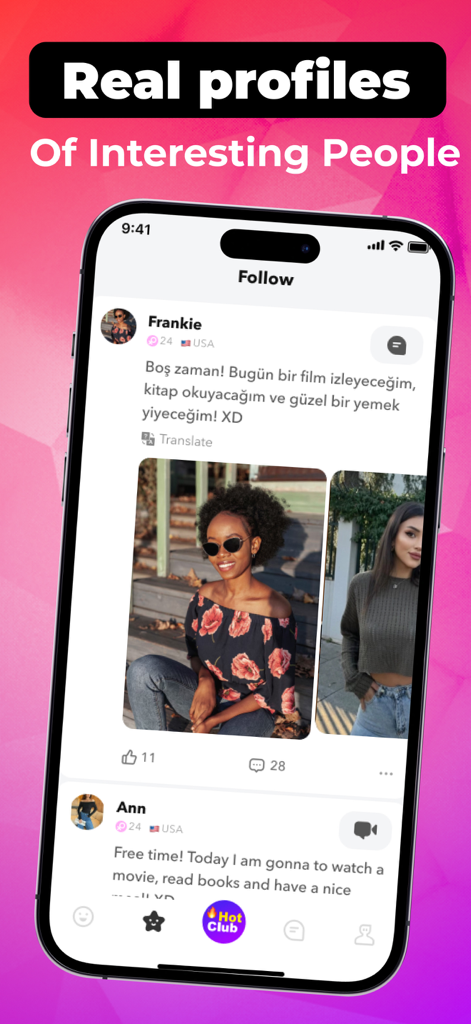 Kissアプリのソーシャルフィードに、写真とステータスアップデート付きの実際のユーザープロフィールが表示されています。